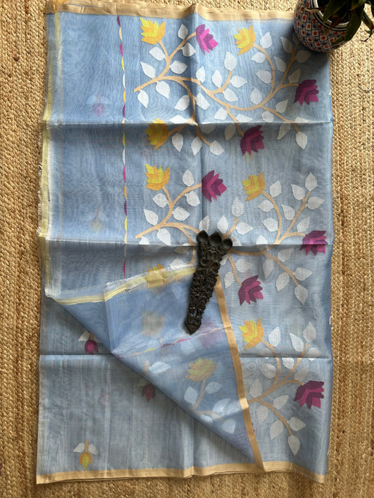 POWDER BLUE HANDWOVEN PURE MUSLIN SILK SARI