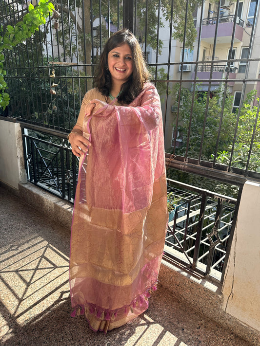 LAVENDER PINK  BANARASI ZARI CRUSHED TISSUE SARI