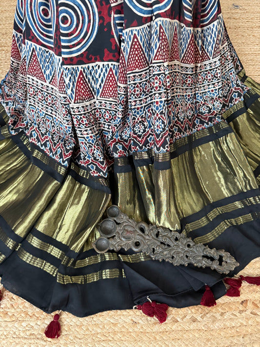 Black ajrakh silk zari woven dupatta