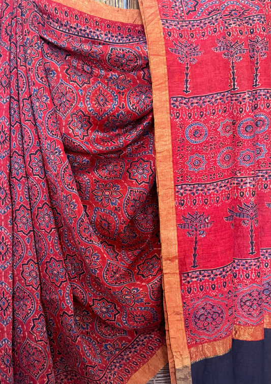 MAROON NATURAL DYE HANDCRAFTED HANDBLOCK AJRAKH LINEN SILK SARI