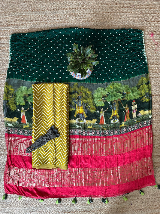 MUSTARD MASHRU KURTA WITH BANDHANI PICHWAI HANDCRAFTED  MODAL SILK DUPATTAS