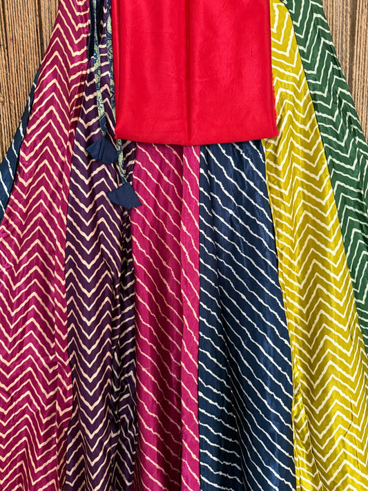 Red mashru silk blouse-with Multicolour Patchwork handcrafted mashru silk Skirt