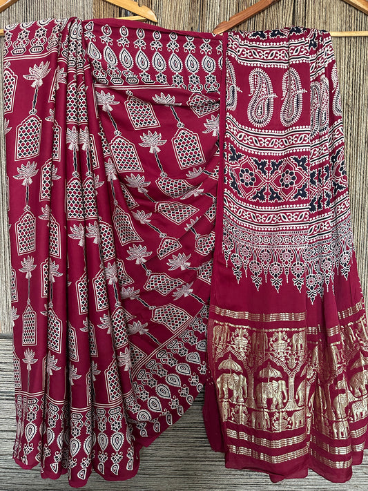 MAROON AJRAKH PRINT  MODAL SILK SARI WITH ZARI BORDER