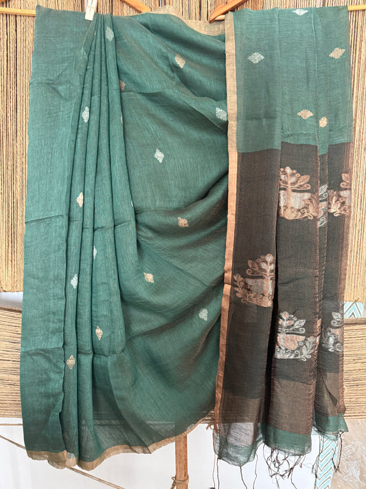 HUNTER GREEN COPPER TISSUE LINEN JAMDANI HANDWOVEN SARI WITH ELEGANT WOVEN MOTIFS
