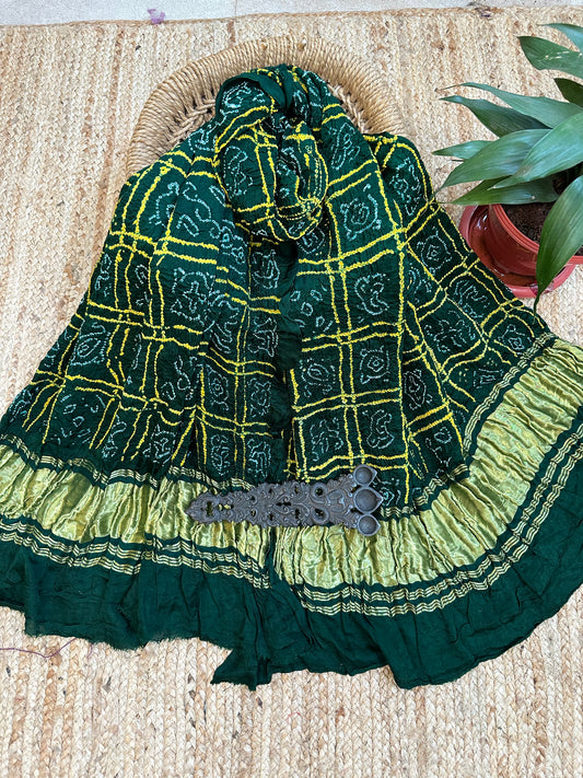 GREEN CHANDMUKHI GAJJI SILK HANDWOVEN AJRAKH DUPATTA