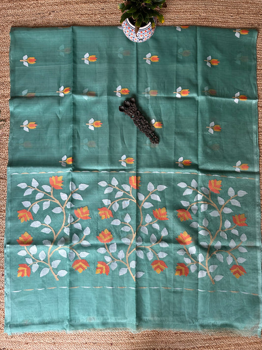 ICEBERG BLUE JAMDANI HANDWOVEN PURE MUSLIN SILK SARI