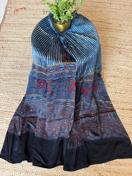 BLUE AJRAKH MODAL SILK STOLE WITH HAND EMBROIDERY MIRROR WORK