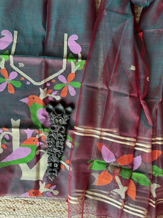 MAROON & GREEN DUAL SHADE HANDWOVEN JAMDANI PURE MUSLIN SILK KURTA SET MJK-63