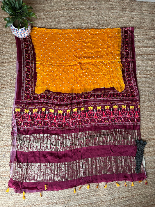 MUSTARD MAROON SILK BANDHANI DUPATTA WITH PICHWAI PRINT IN NAKSHI BORDER