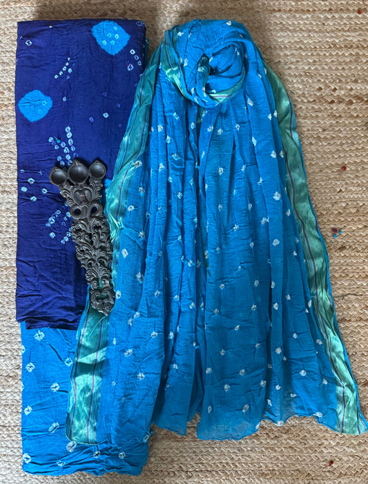 BLUE COTTON RAI BANDHANI SUIT SET