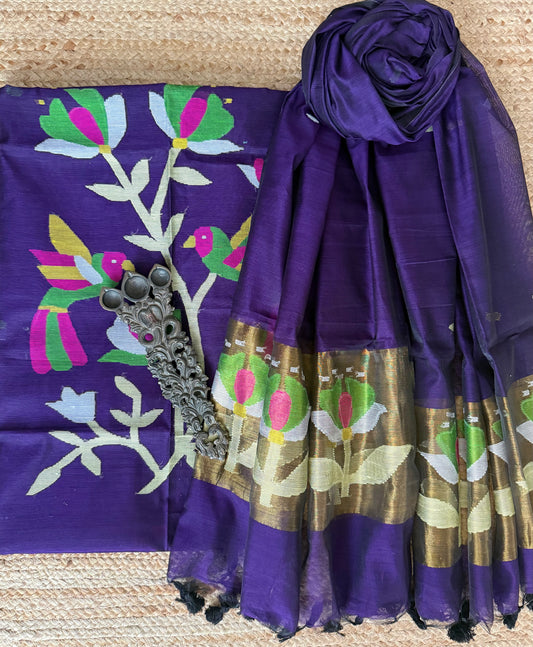 Eggplant Purple handwoven jamdani pure cotton silk kurta set mjk