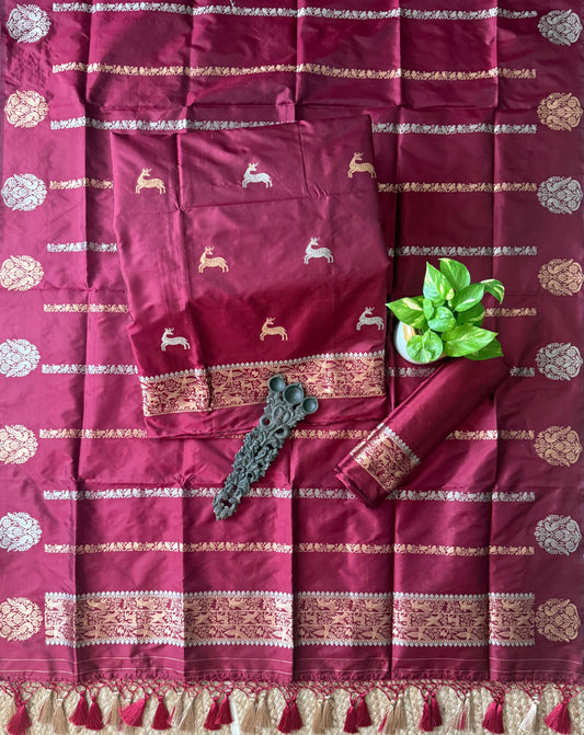 Antique Maroon Katan silk certified handloom banarsi kadwa booti three piece suit