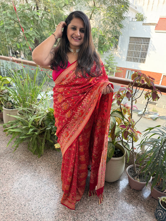 RED Handwoven Rai  Bareek Bandhani Saree Meenakari Jaal with Khaddi Georgette  Mks-12