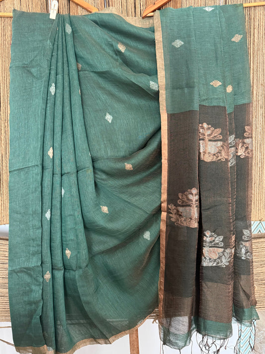 HUNTER GREEN COPPER TISSUE LINEN JAMDANI HANDWOVEN SARI WITH ELEGANT WOVEN MOTIFS