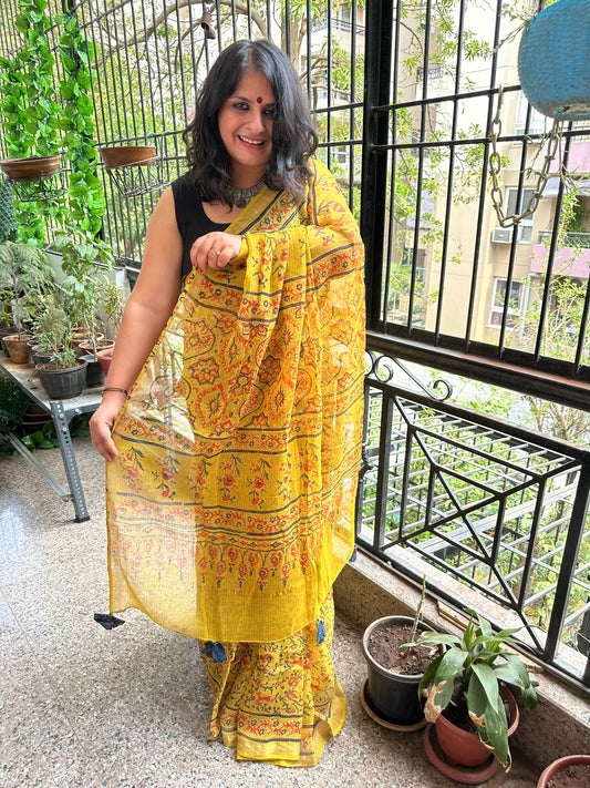 MUSTARD  KOTA PRINT WITH AJRAKH HANDBLOCK SARI