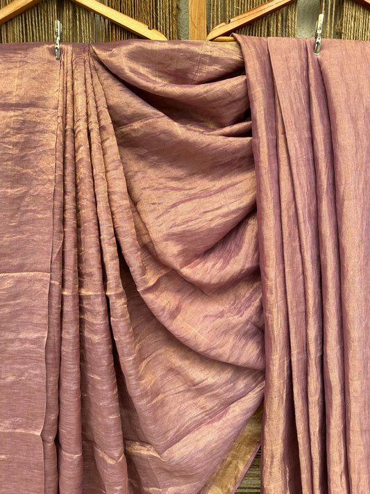 Lavender pink  METALLIC LINEN SARI WITH WOVEN  BORDER &amp;  TASSELS