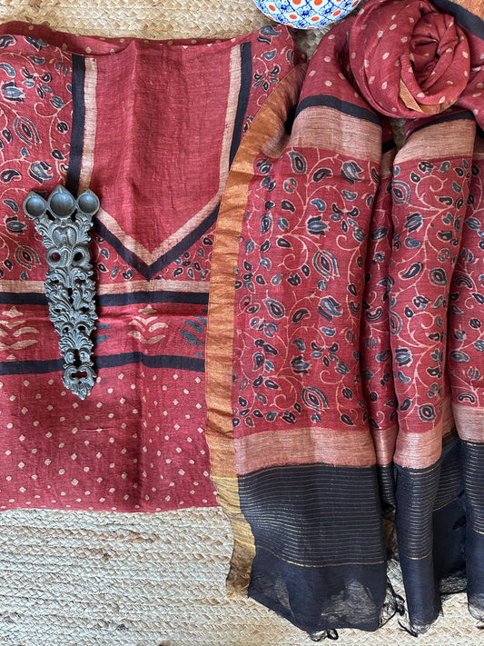 MAROON RED AJRAKH SILK HANDBLOCK SUIT SET