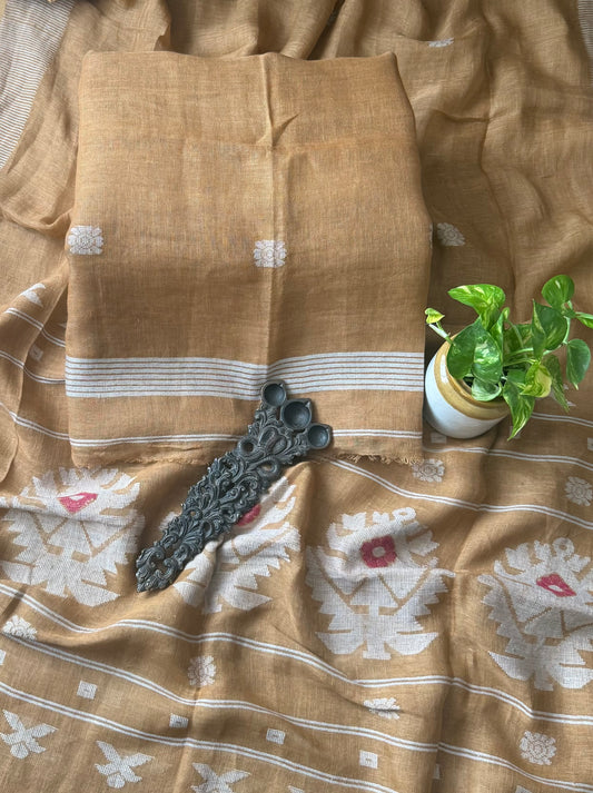 BROWN PURE JAYSHREE  LINEN JAMDANI HANDWOVEN KURTA SET