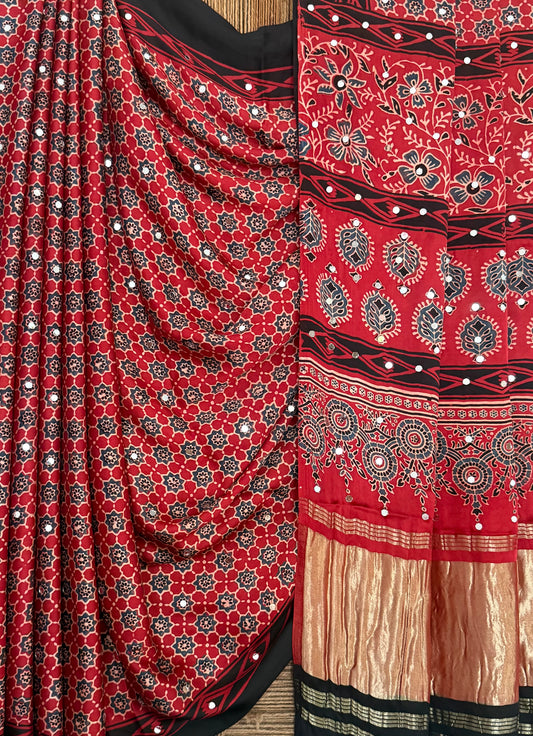 VINTAGE MAROON AJRAKH HANDCRAFTED MIRROR WORK MODAL SILK SARI WITH ZARI PALLU
