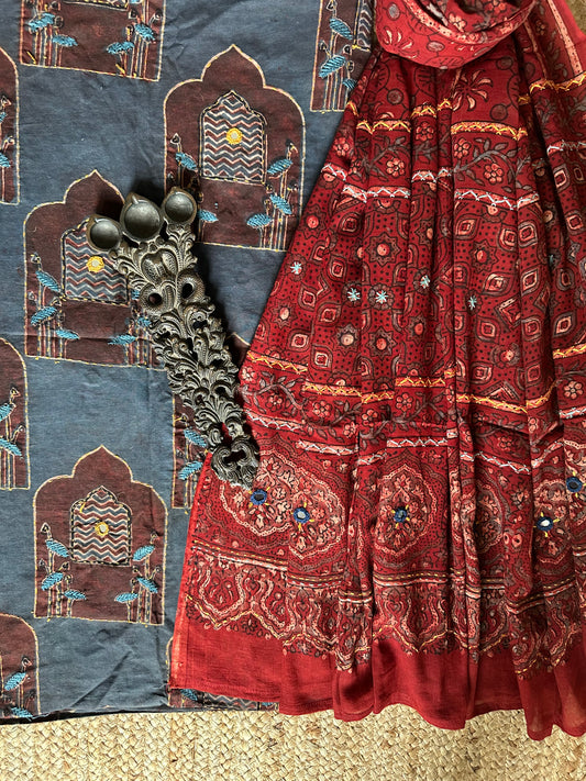 AEGEAN BLUE AJRAKH HANDBLOCK AND HAND EMBROIDERY KURTA WITH  AJRAKH HAND EMBROIDERY DUPATTA