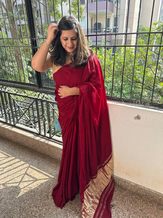 MAROON SOLID MODAL SILK SARI WITH ZARI BORDER