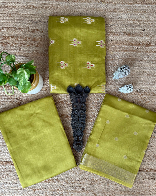 Olive Green Chanderi Handloom Banarsi Booti Three Piece Suit