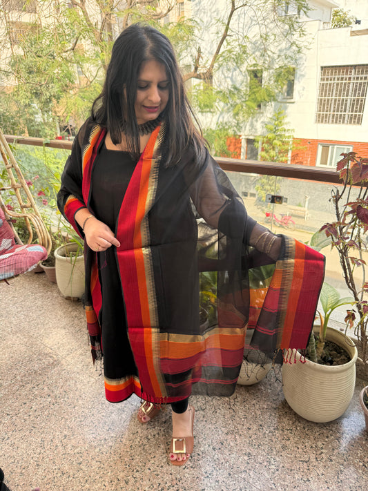 Black maheshari border silk handloom kurta set
