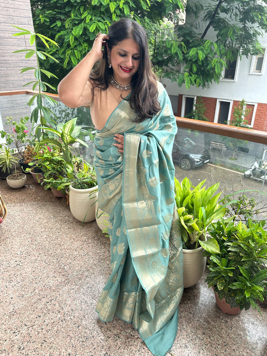 PINE GREEN BANARASI MUGA  SILK CERTIFIED ZARI WOVEN  SARI