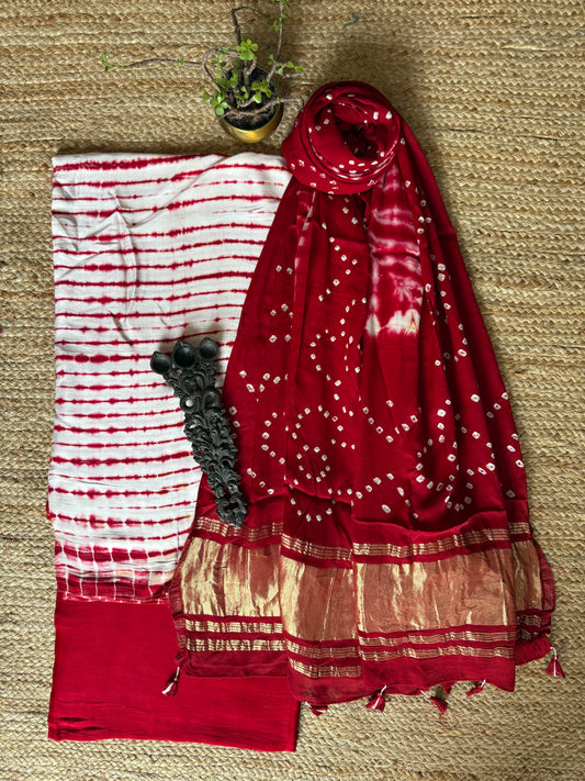 White & Red Modal Silk Shibori Kurta with Bandhani Shibori  handcrafted Modal Silk Dupatta sbs-10