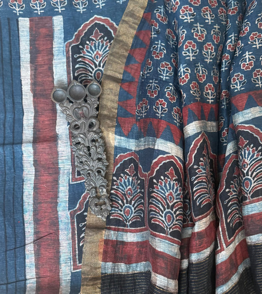 INDIGO BLUE AJRAKH BUTTA LINEN SILK HANDBLOCK SUIT SET