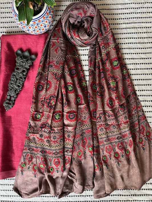 MAROON  MASHRU SILK KURTA WITH AJRAKH EMBROIDERY HANDCRAFTED MODAL SILK DUPATTA