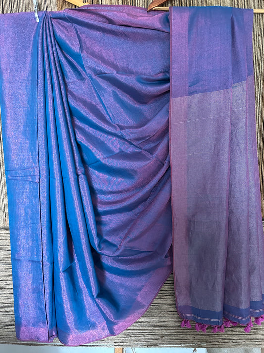 BLUE PINK TISSUE LINEN ZARI SARI WITH WOVEN RED BORDER