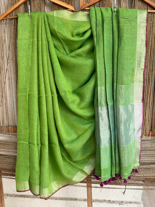 PARROT GREEN LINEN COTTON SARI WITH WOVEN BORDER & PURPLE  TASELS AND PALLA