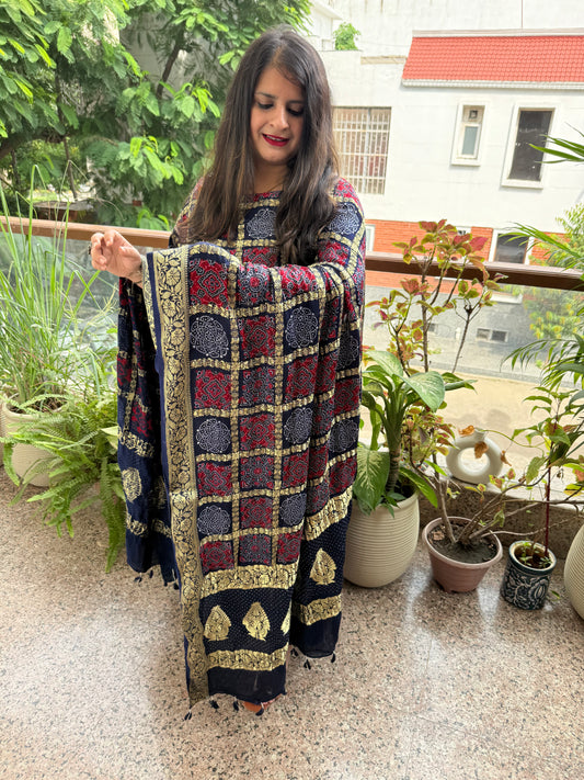 BLUE  SOLID MODAL SILK SUIT WITH AJRAKH  GHARCHOLA HANDCRAFTED MODAL SILK DUPATTA  ps-229