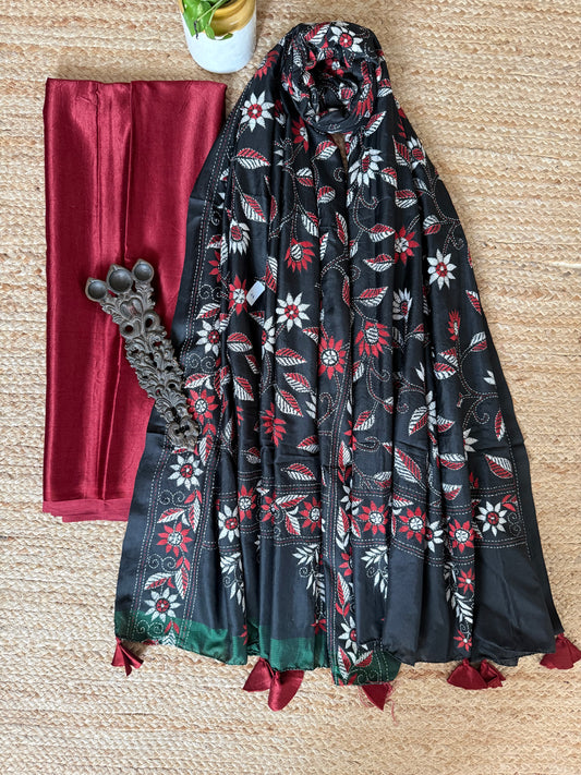 Maroon Solid mashru silk kurta with Black kantha work hand embroidery Banglore Silk dupatta