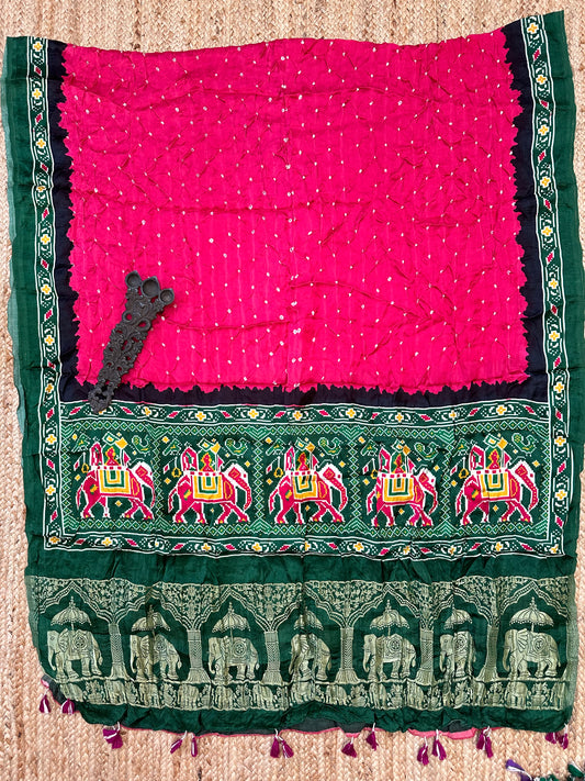 PINK PURPLE SILK BANDHANI DUPATTA WITH PATOLA  PRINT IN NAKSHI BORDER