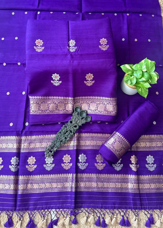 Clairvoyant Purple munga silk meenakari certified handloom banarsi kadwa booti three piece suit