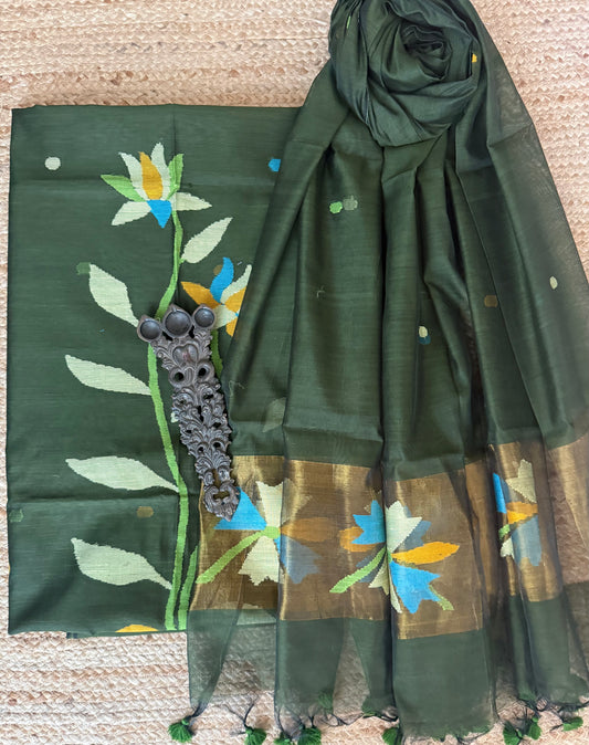 Uniform Green handwoven jamdani pure cotton silk kurta set mjk