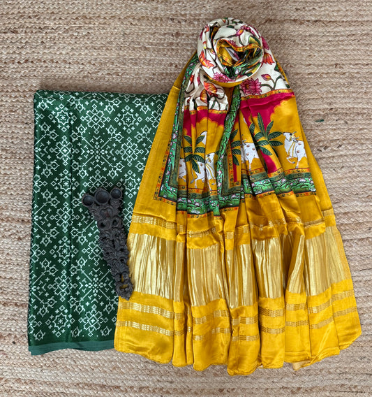 Green patola mashru silk kurta with  patola pichwai handcrafted modalsilk dupatta