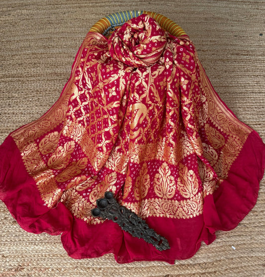 Strawberry Red handwoven neemzari bareek bandhani in khaddi georgette dupatta  bd-1081