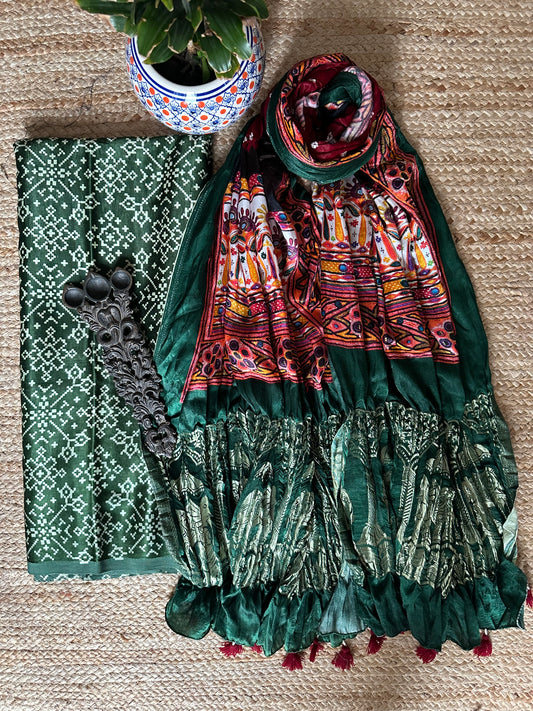 GREEN MASHRU KURTA WITH BANDHANI PICHWAI HANDCRAFTED  MODAL SILK DUPATTAS