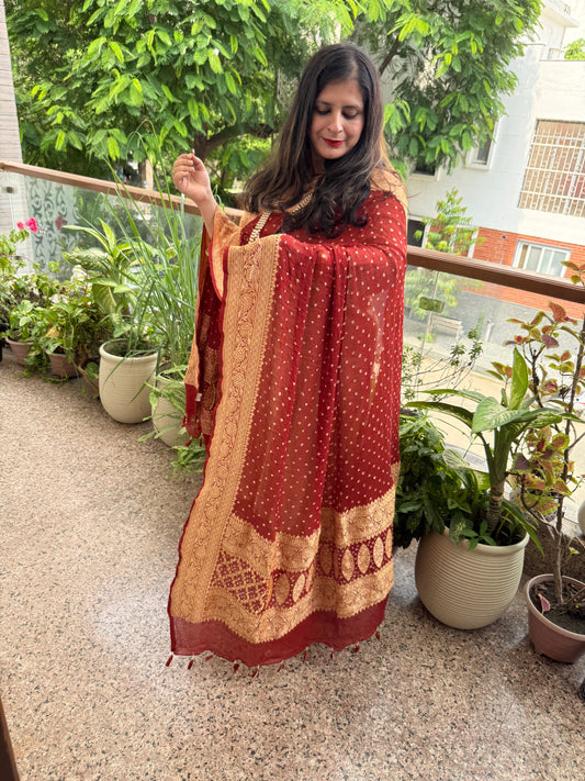 Rust Brown Handwoven NeemZari Bareek Bandhani in Khaddi Premium Georgette dupatta