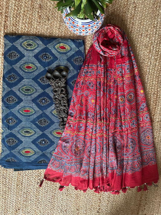 CLASSIC BLUE AJRAKH HANDBLOCK AND HAND EMBROIDERY KURTA WITH  AJRAKH HAND EMBROIDERY DUPATTA