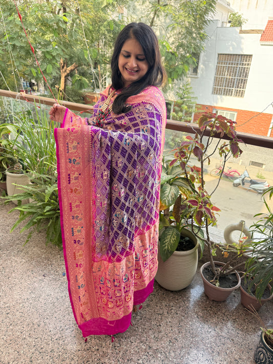 Hot pink and PURPLE ombré Handwoven Bareek Bandhani in Meenakari Jaal  Premium Georgette dupatta