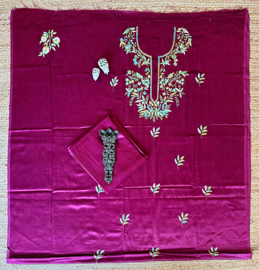 MAGENTA PURPLE MASHRU SILK HAND EMBROIDERY KASHMIRI HANDEMBROIDERY SOZNI WORK CORD SET Cs- 30