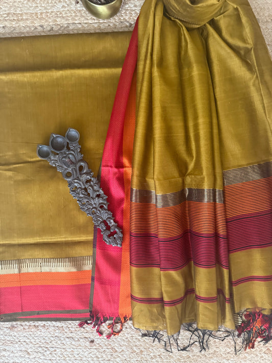 DARK GOLDENROD YELLOW MAHESHARI BORDER SILK HANDLOOM KURTA SET