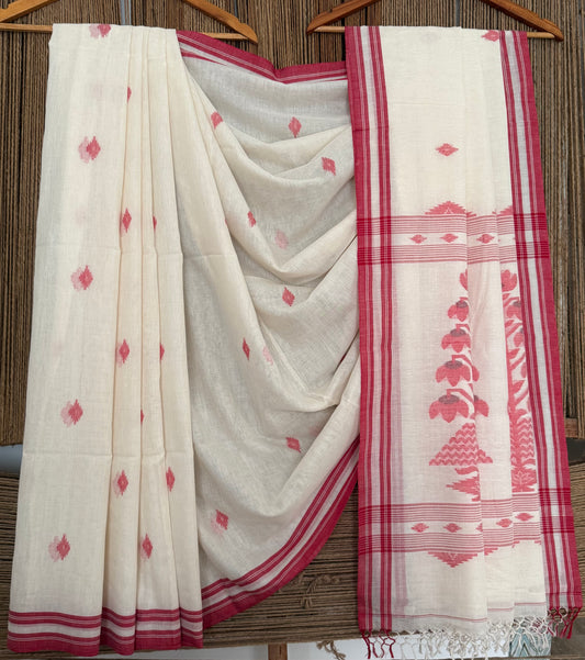 WHITE CLASSIC  AUTHENTIC HANDWOVEN JAMDANI WEAVING PURE COTTON SARI