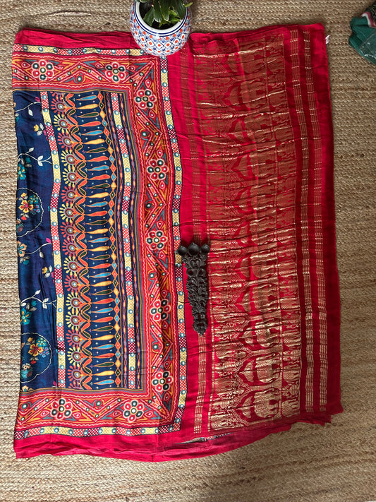 NAVY BLUE PATOLA MODAL SILK KALAMKARI PRINT SARI WITH ZARI BORDER PMS-10151