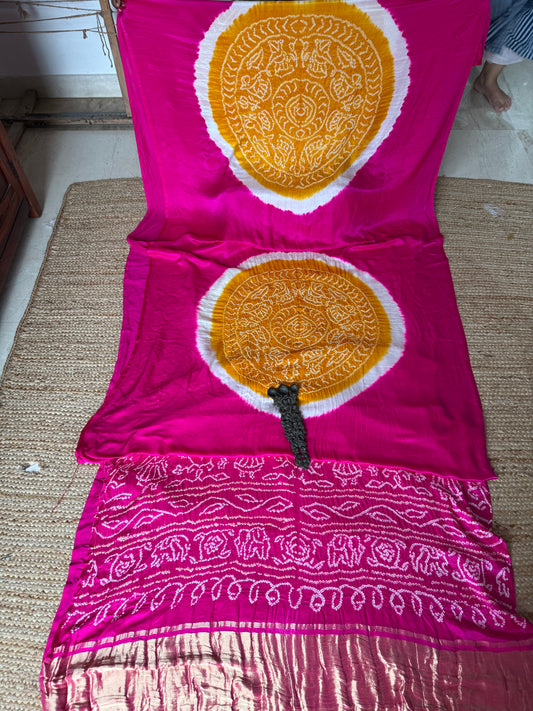 PINK & YELLOW GAJJI SILK RAI BANDHANI CHAKRA THEME GAJJI SARI