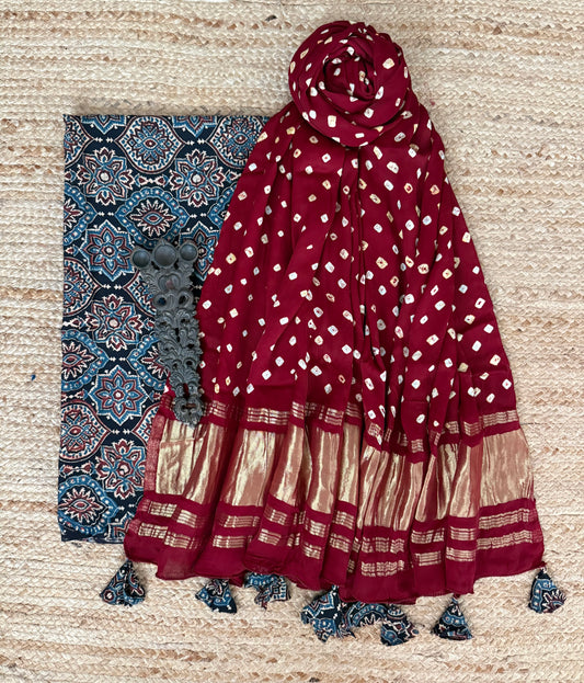 Black & maroon ajrakh mashru silk kurta with bandhani handcrafted modal silk dupatta